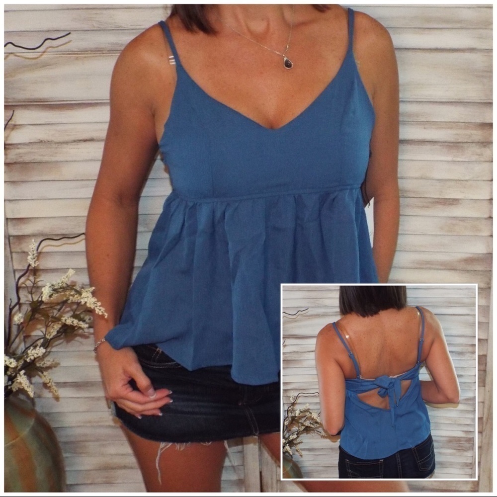Peplum Tie Back V-Neck Spaghetti Strap Blue 1518